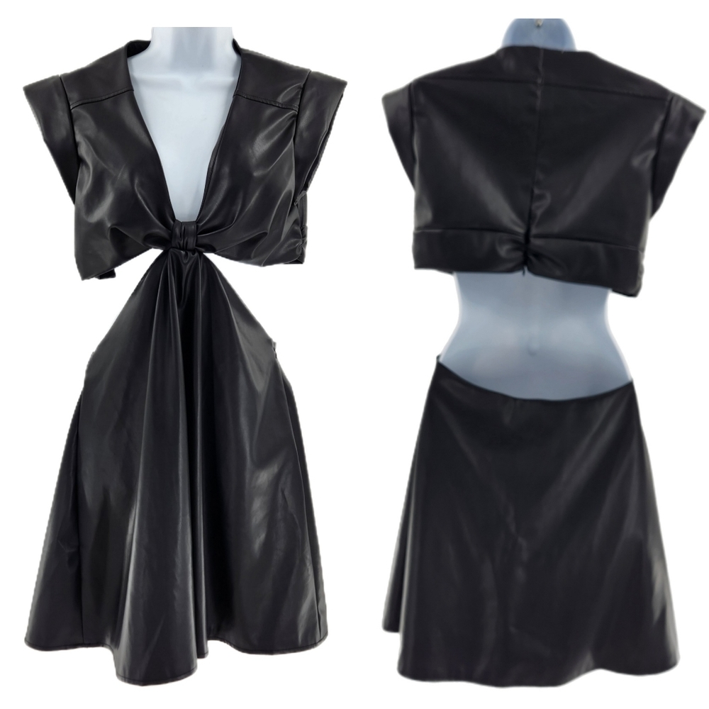 Jason Wu Black Faux Leather Cap Sleeve Knot  Front Cut Out Mini Dress Size Mediu